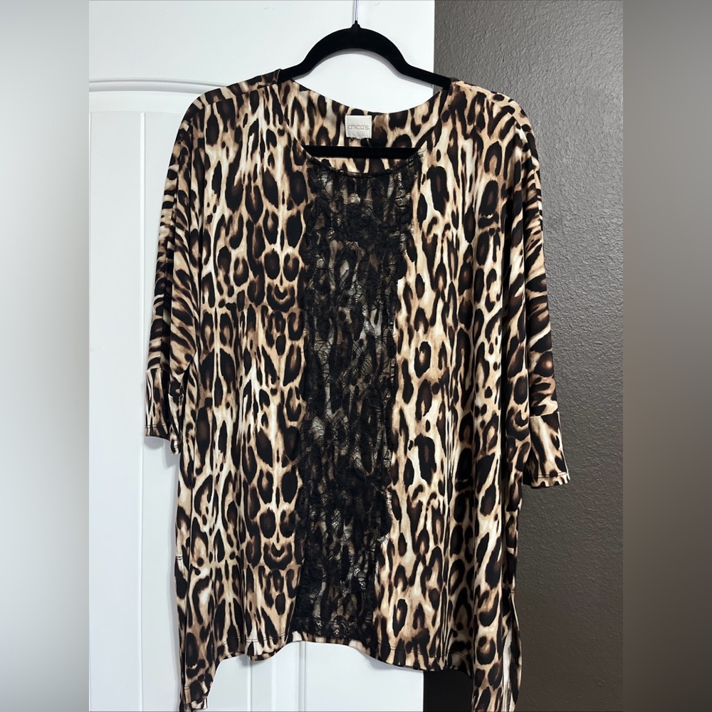 Chicos Women Sz 3? Pull Over Pretty Black Brown Animal Print Blouse Leapord Lace